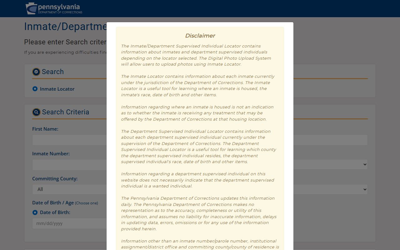 Pennsylvania Department of Corrections inmate locator