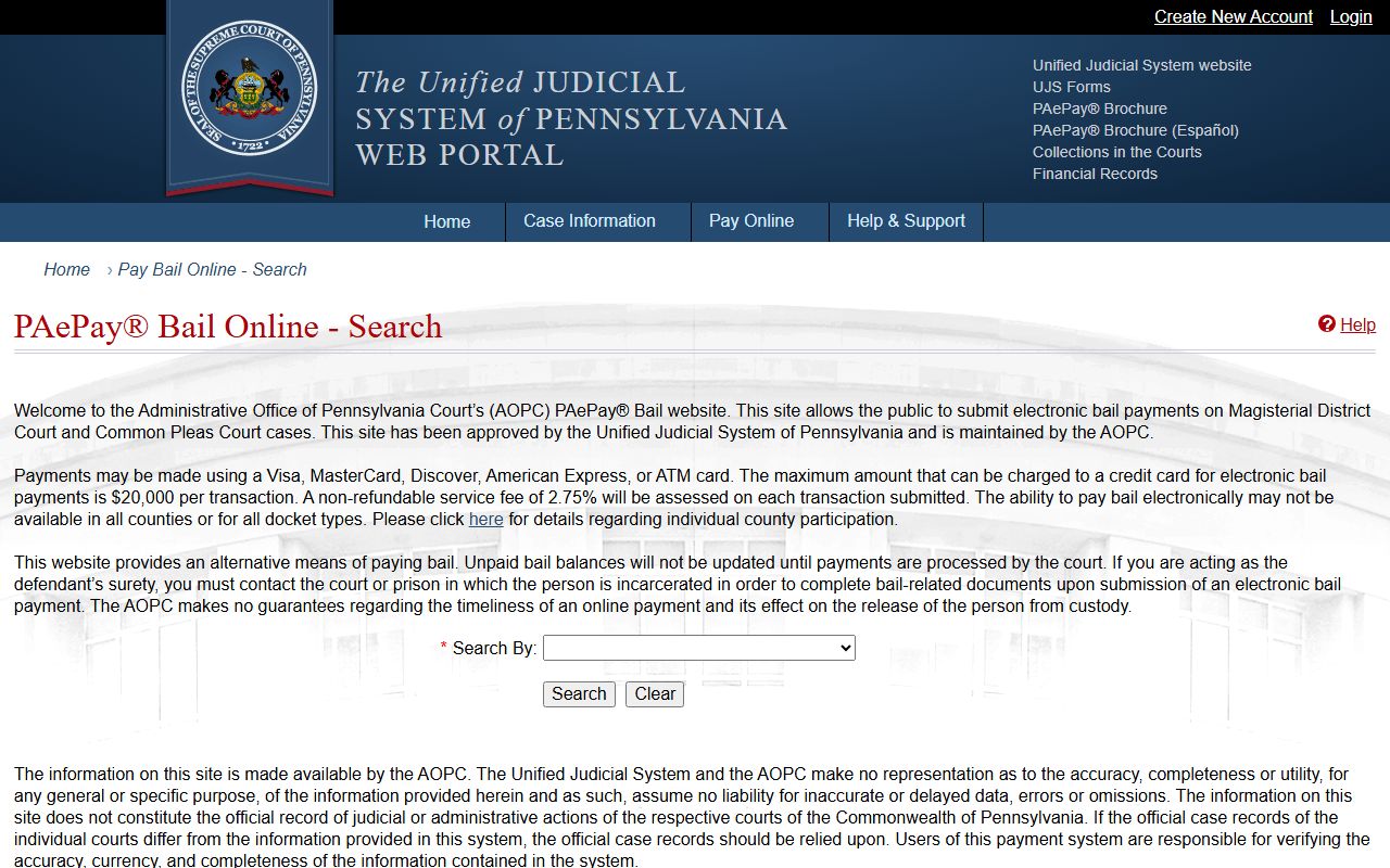 Pennsylvania PAePay Bail portal