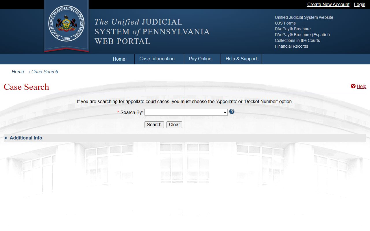 Pennsylvania UJS Case Search form