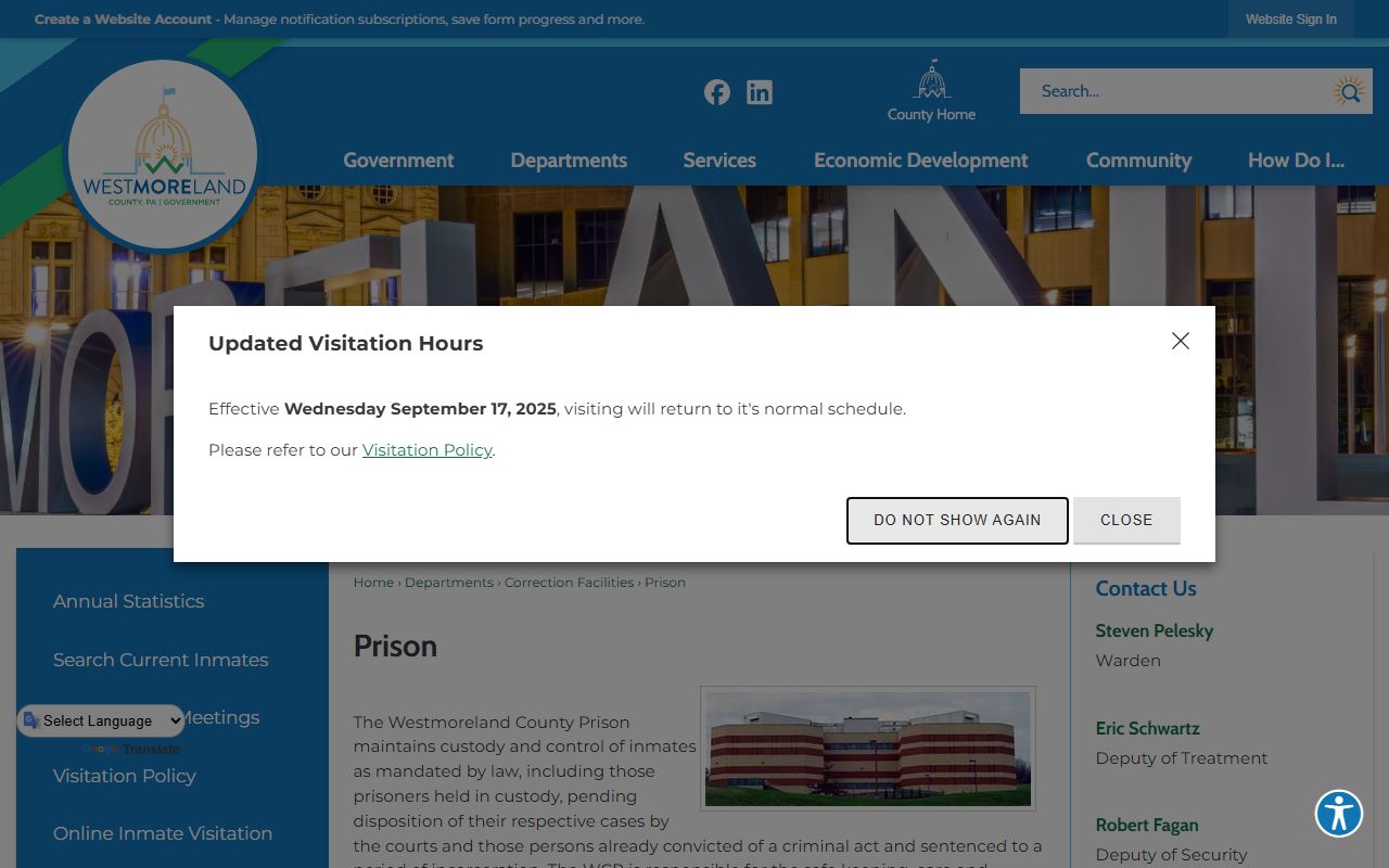 Westmoreland County Prison inmate services page