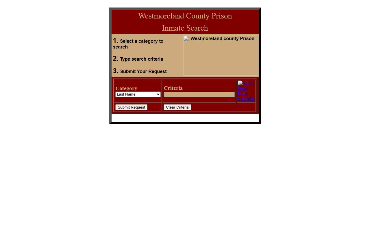 Westmoreland County inmate population search form for county prison records