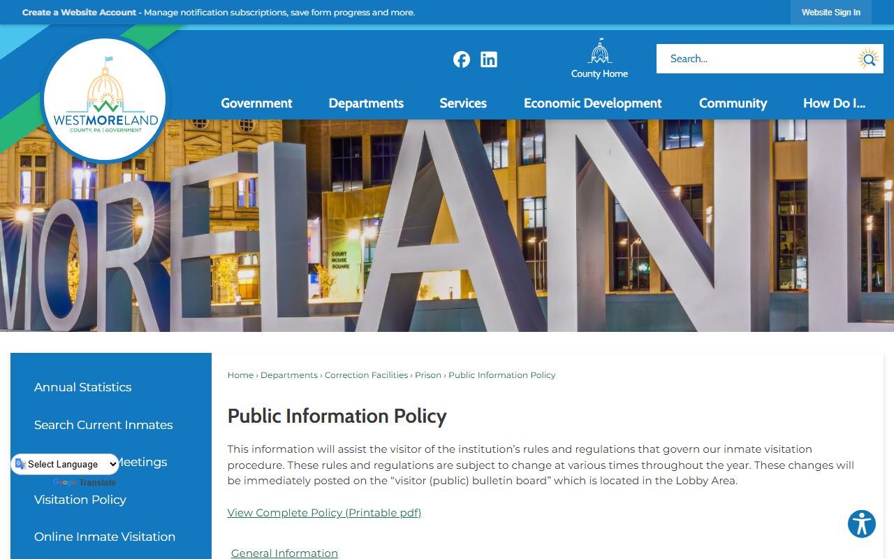 Westmoreland County Prison public information policy page